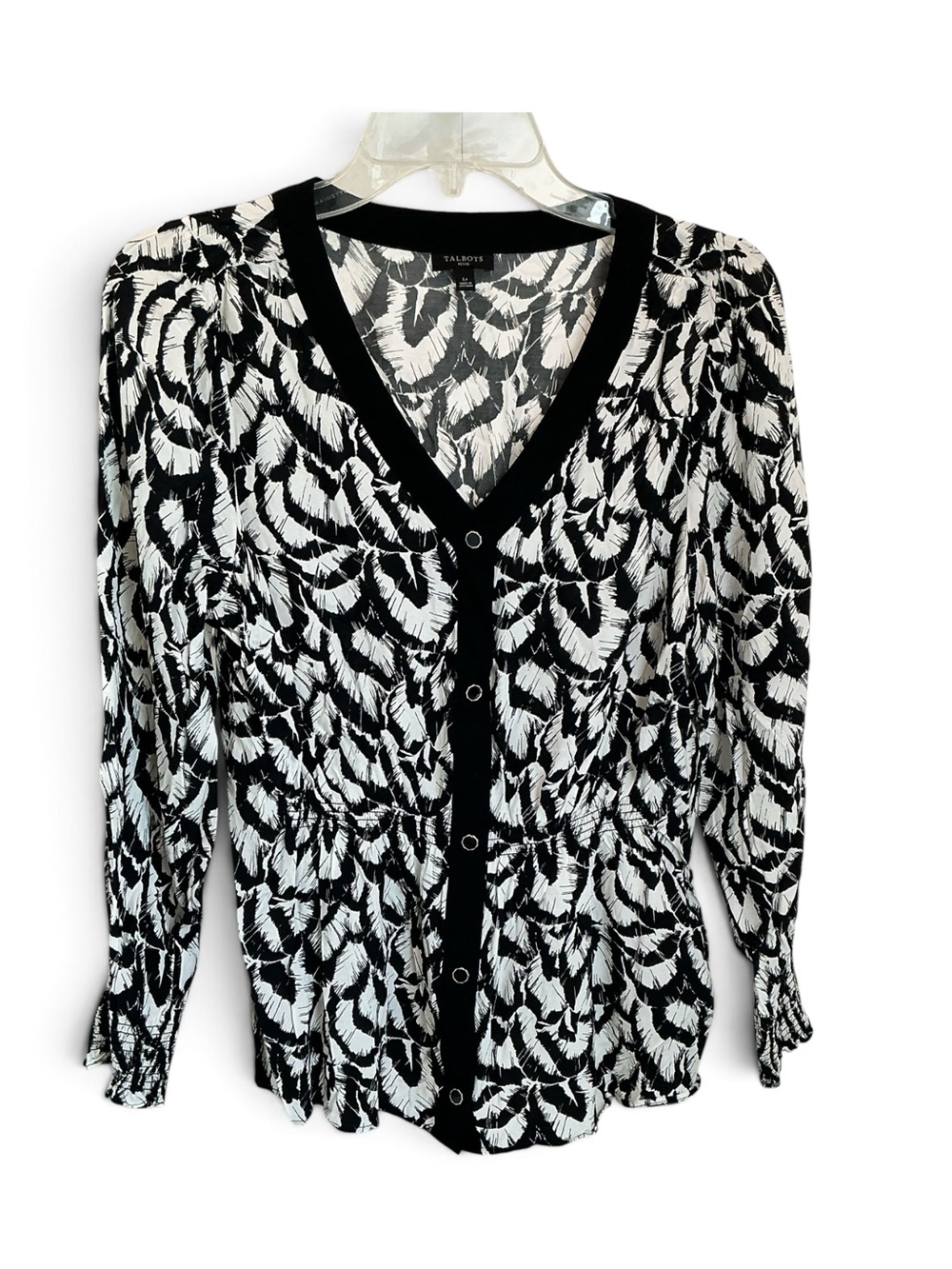 Talbots Feather Print Button Front Smocked Waist Blouse Petite Large